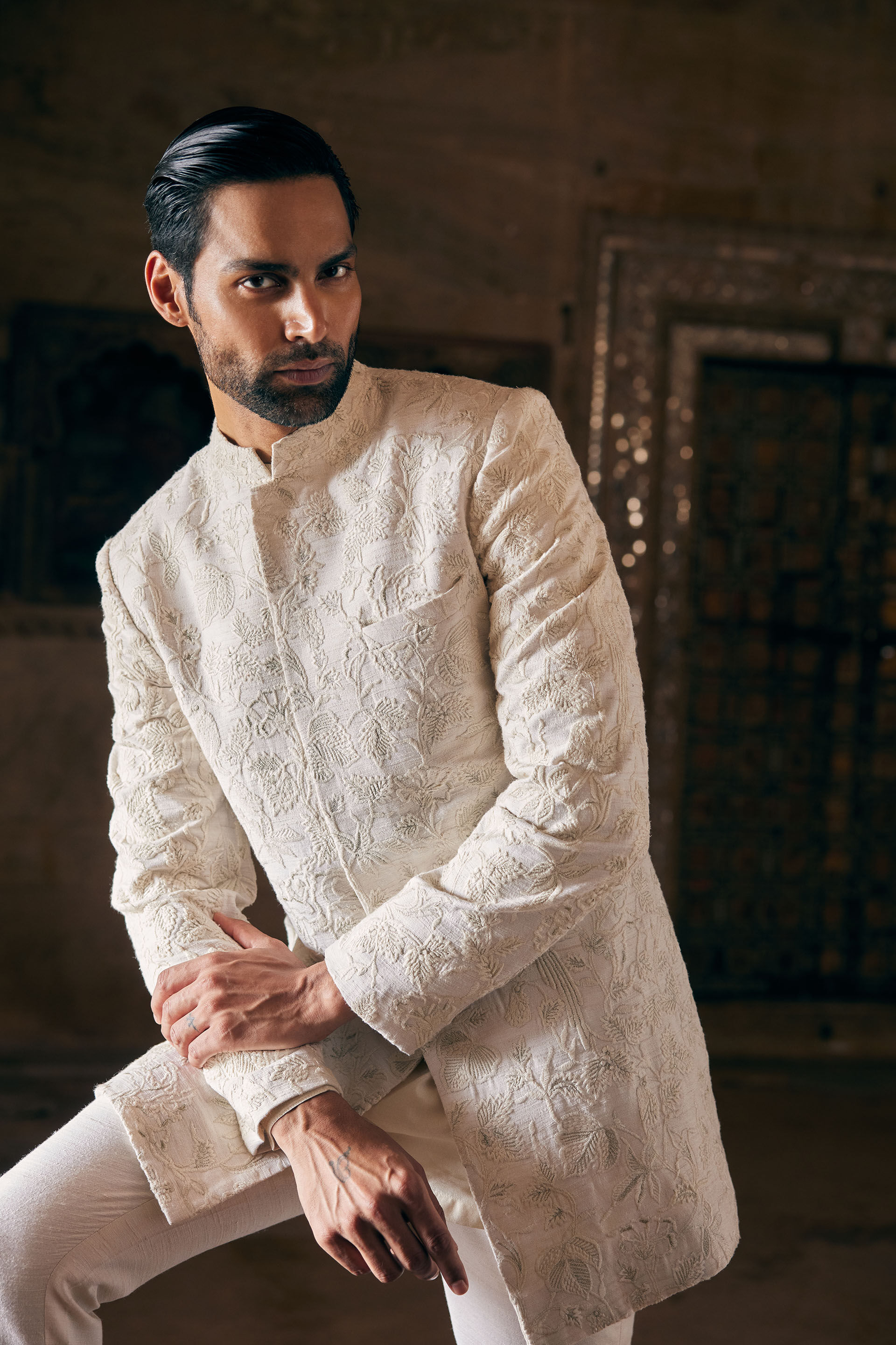 Aanav Embroidered Silk Sherwani Off White